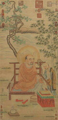 CHINESE PAINTING OF BUDDHISM FIGURES IN GARDEN