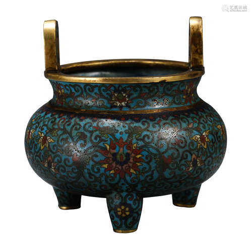 CHINESE CLOISONNE FLOWERS TRIPLE FOOT CENSER