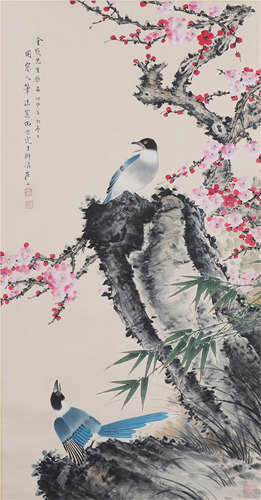 CHINESE PAINTING OF MAGPIES PLUM FLOWER BY TIAN SHIGUANG