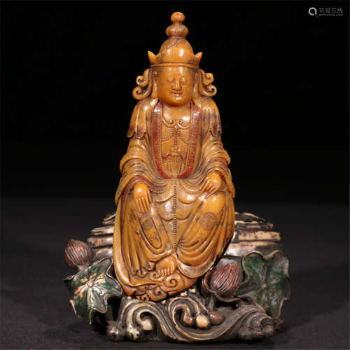 CHINESE TIANHUANG STONE CARVED GUANYINB TABLE ITEM AND STAND