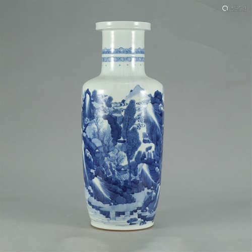 CHINESE BLUE AND WHITE FIGURE ROULEAU VASE