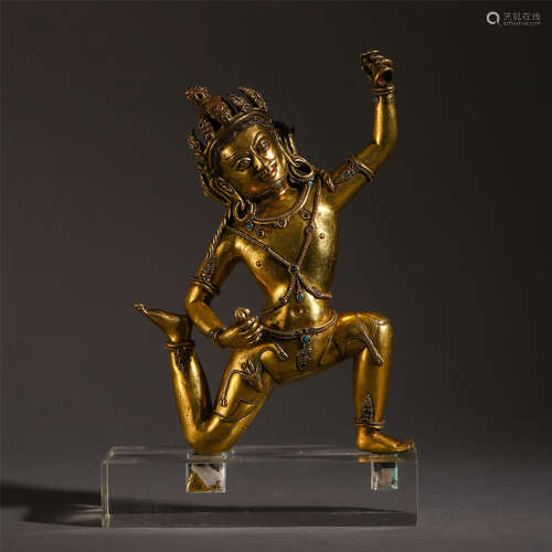 CHINESE GILT BRONZE TURQUOISE INLAID BUDDHIST GUARDIAN