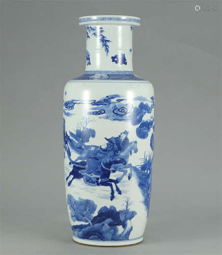 CHINESE BLUE AND WHITE FIGURE AND STORY ROULEAU VASE