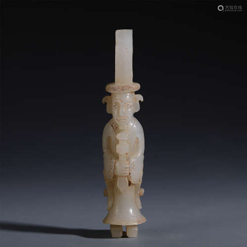 CHINESE JADE TABLE ITEM CARVED WITH SEATED OFFICIAL FIGURE STATUE