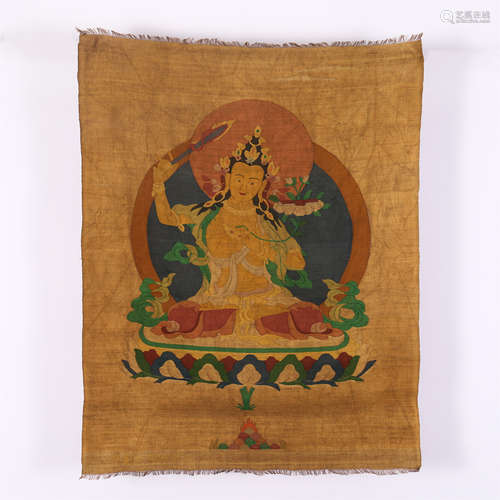 CHINESE YELLOW GROUND EMBROIDERED KESI SILK WITH GUANYIN ON LOTUS