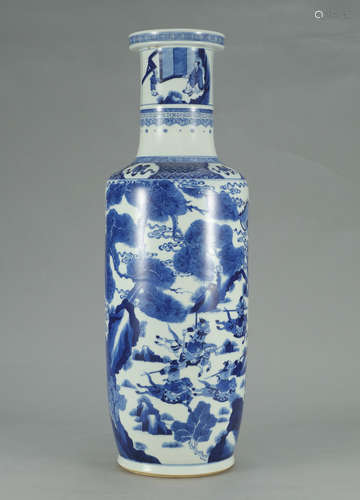 CHINESE BLUE AND WHITE PORCELAIN FIGURE ROULEAU VASE