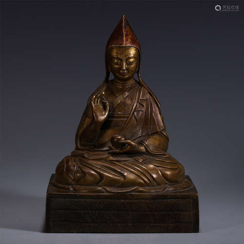 CHINESE TIBETAN RED COPPER SEATED GURU STATUE