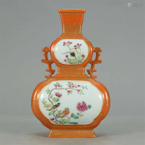 CHINESE FAMILLE ROSE FLOWER BIRD GOURD SQUARE VASE