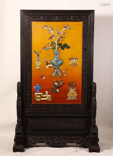 A LARGE CHINESE ROSEWOOD CARVED CLOISONNE TABLE SCREEN