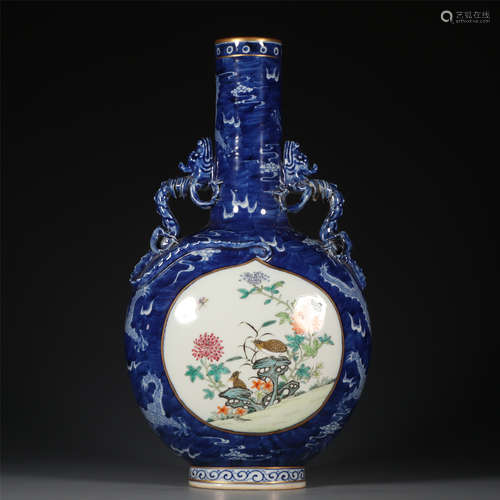 CHINESE BLUE AND WHITE FAMILLE ROSE DOUBLE DRAGON HANDLE VASE