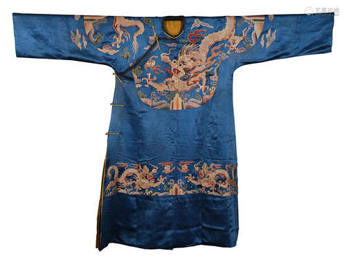 CHINESE BLUE GROUND EMBROIDERY DRAGON TMPERIAL ROBE