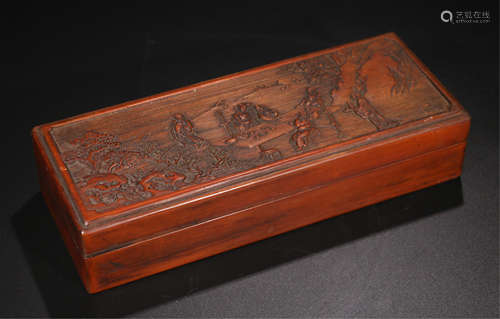 CHINESE BAMBOOCARVEING FIGURE AND STORY LIDDED BOX