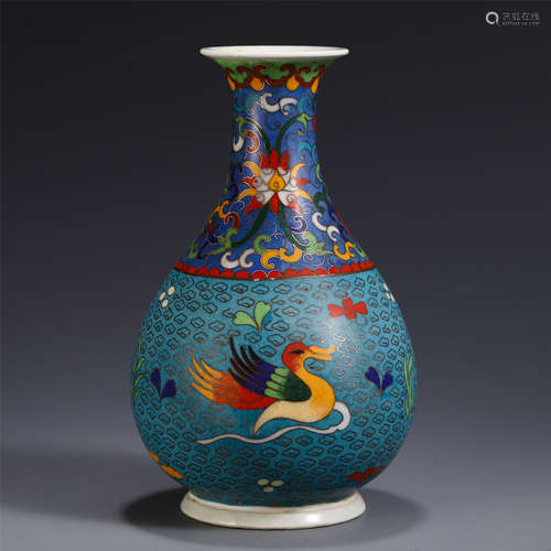 CHINESE YUHUCHUN VASE WITH PAINTED CLOISONNE FLOWER BIRD