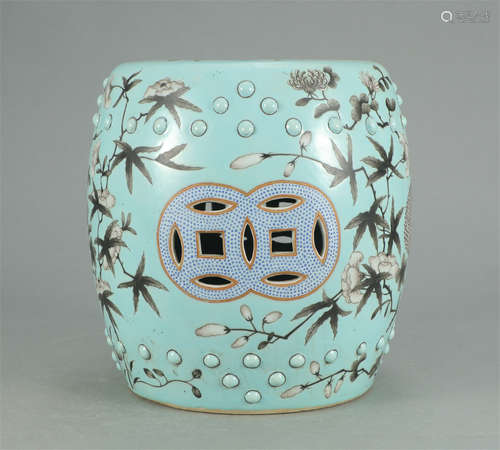 CHINESE PORCELAIN CARVED FLOWERS DRUM SHAPE STOOL