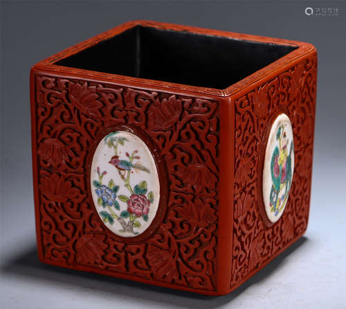 CHINESE CINNABAR CARVED BRUSH POT WITH PORCELAIN PLAQUE