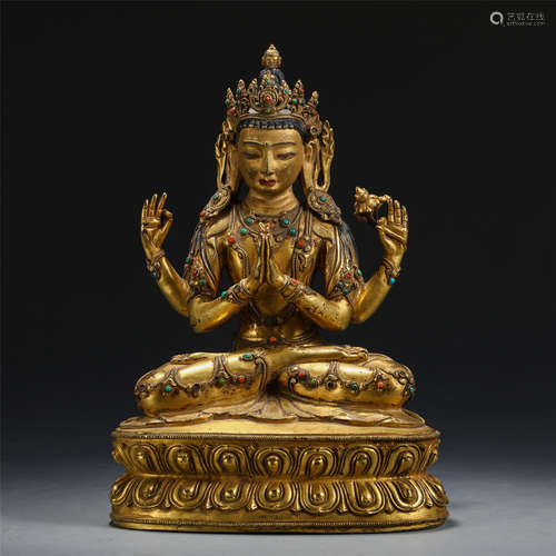 CHINESE GILT BRONZE GEM STONE INLAID FOUR ARMS GUANYIN ON LOTUS