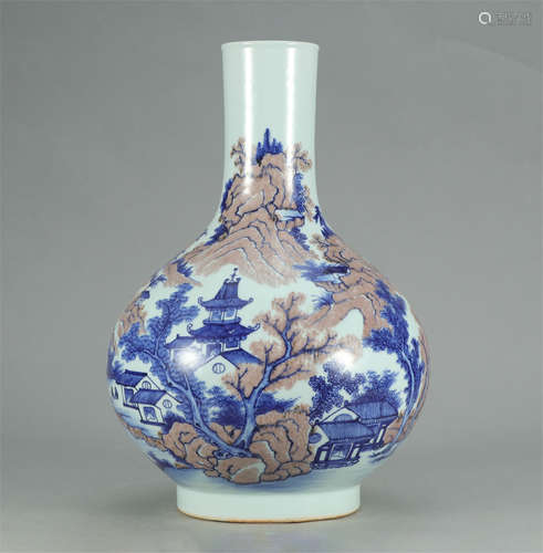 CHINESE BLUE AND WHITE RED UNDER GLAZE FIGURE TIANQIU VASE