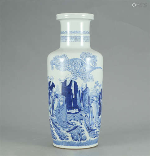 CHINESE BLUE AND WHITE FIGURE AND STORY ROULEAU VASE