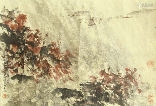 CHINESE INK AND COLOR PAINTING OF FLOWERS ON PAPER