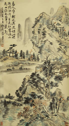 CHINESE INK AND COLOR PAINTING OF PAVILION IN MOUNTAINS