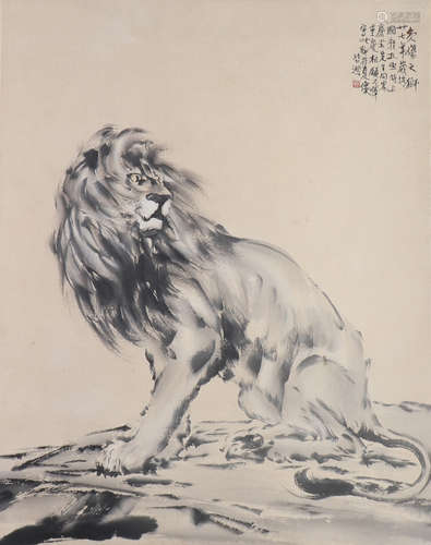 CHINESE PAINTING OF LION ON THE ROCK BY XU BEIHONG