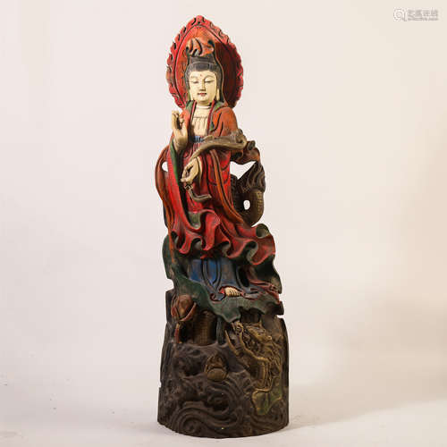 CHINESE PAINTED ROSEWOOD CARVED GUANYIN STATUE