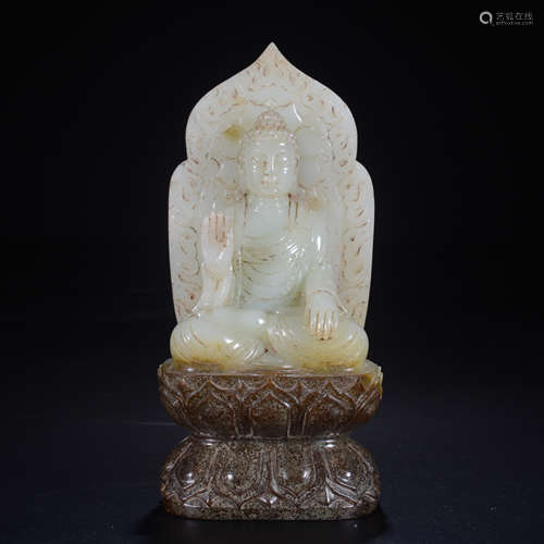 CHINESE ANCIENT JADE CARVED SEATED BUDDHA STATUE