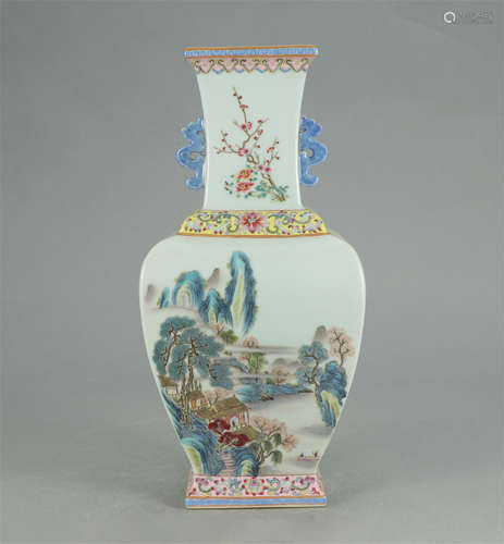 CHINESE FAMILLE ROSE DOUBLE DRAGON HANDLE SQUARE VASE