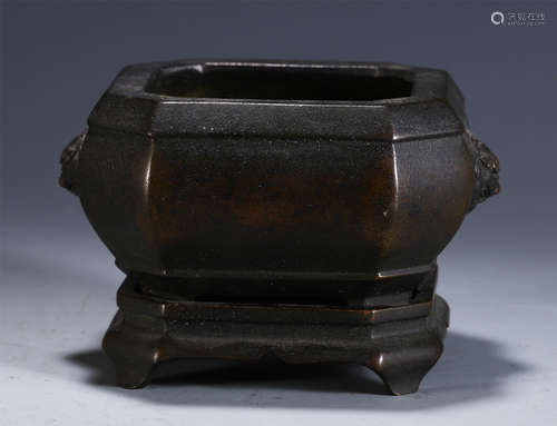 CHINESE BRONZE DOUBLE BEAST HANDLE CENSER