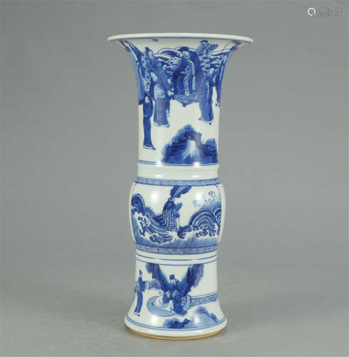 CHINESE BLUE AND WHITE FIGURE AND STORY FLOWER GU VASE