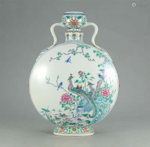 CHINESE FAMILLE ROSE FLOWER BIRD MOON FLASK VASE