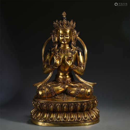 CHINESE GILT BRONZE OF BUDDHA WITH CORONET