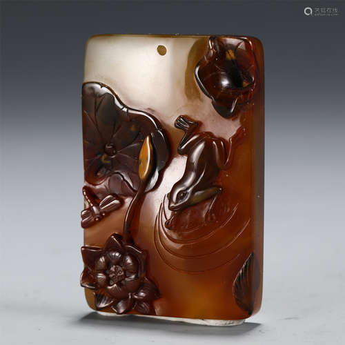 CHINESE AGATE PLAQUE CARVED WITH LOTUS AND FROG IN RIVE