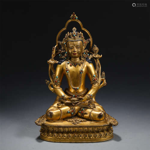 CHINESE GILT BRONZE GEM STONE INLAID BUDDHA STATUE