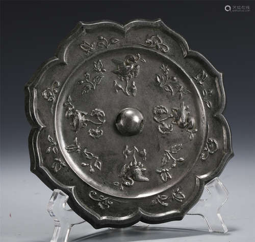 CHINESE BRONZE MIRROR CARVED WITH FLOWER AND BIRD MOTIF