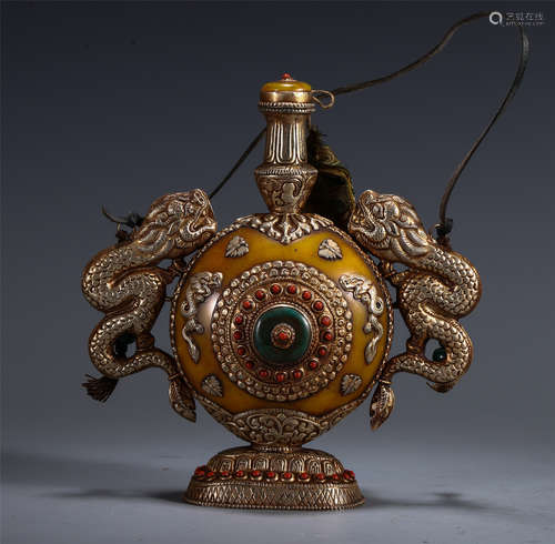 CHINESE SILVER GEM STONE INLAID DOUBLE DRAGON HANDLE KETTLE