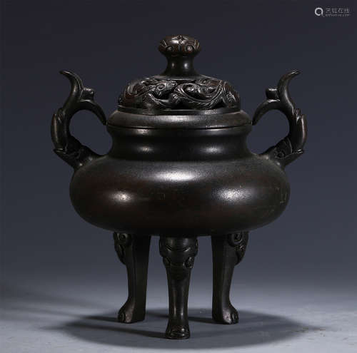 CHINESE BRONZE TRIPLE FOOT DOUBLE HANDLE CENSER