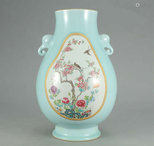 CHINESE CELADON GLAZE FAMILLE ROSE FLOWER BIRD ZUN VASE