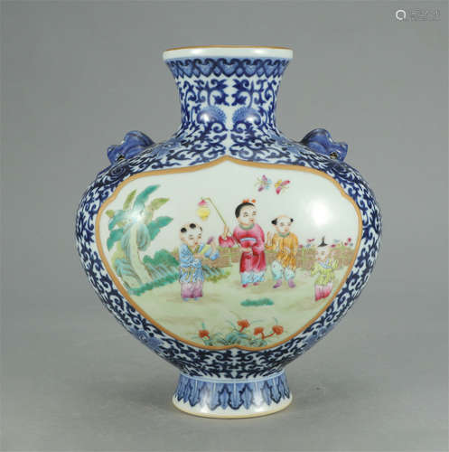 CHINESE BLUE AND WHITE FAMILLE ROSE BOYS PLAYING VASE