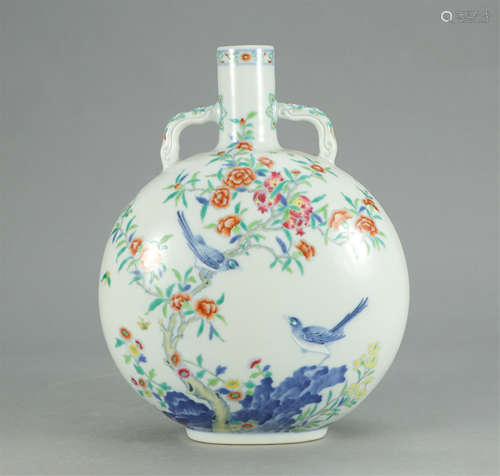 CHINESE PORCELAIN FAMILLE ROSE FLOWER BIRD MOON FLASK VASE