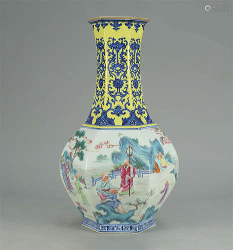 CHINESE FAMILLE ROSE FIGURE AND STORY HEXAGONAL VASE