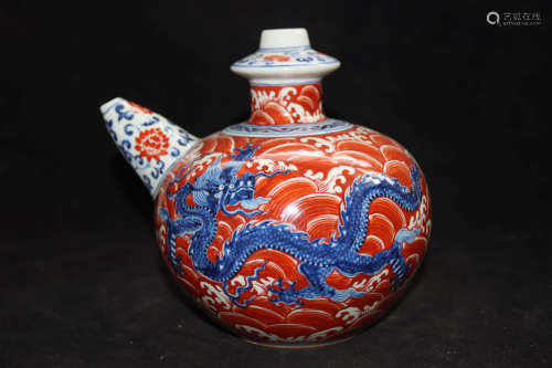 A Chinese Underglazed Copper-Red Blue and White Pot