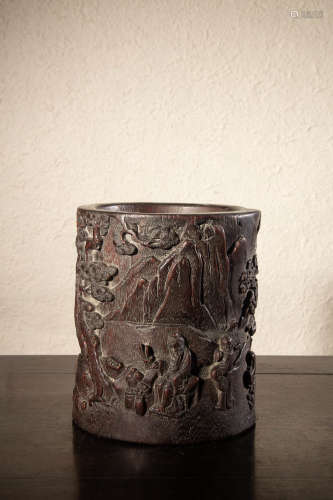 A Chinese Eaglewood Brush Pot with Scholar Pattern