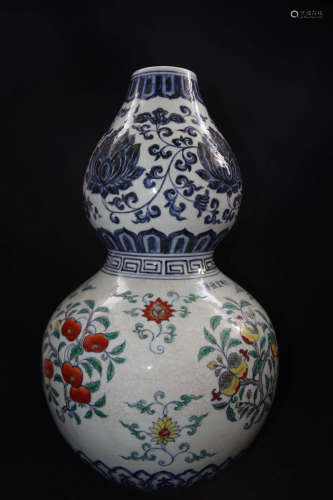 A Chinese Blue and White
 Famille Verte Gourd-shaped Vase