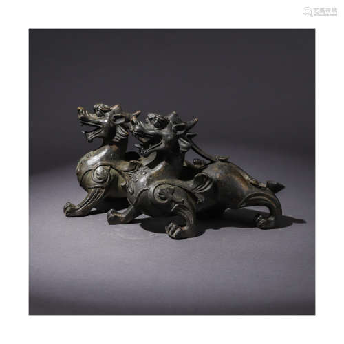 A Pair of Chinese Bronze Beast Ornament