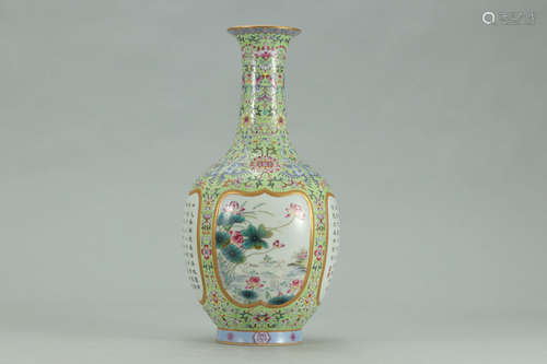 A Chinese Inscribed
Famille Rose Porcelain Floral Vase