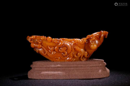 A Chinese Tianhuang Stone Brush Washer Carved with Dragons Design