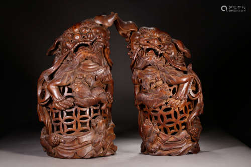 A Pair of Chinese Bamboo Lion Censer