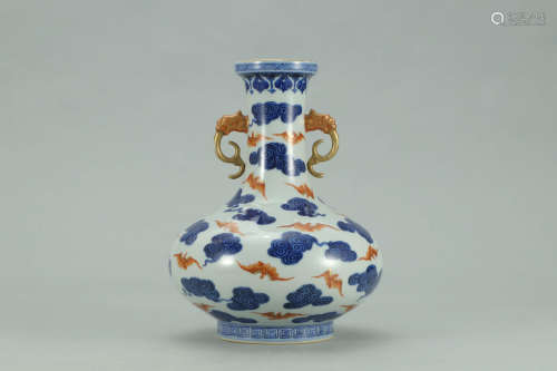 A Chinese Blue and White Copper-Red Porcelain Double Ears Vase