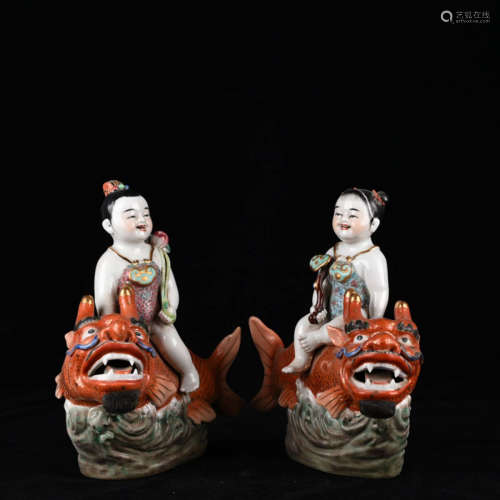 A Pair of Chinese Famille Rose Porcelain Statue